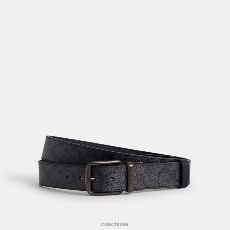 Coach رجال حزام سرج محاصر وإبزيم مميز وحزام ذو وجهين مقاس 38 مم الفحم / منتصف الليل البحرية 46266794