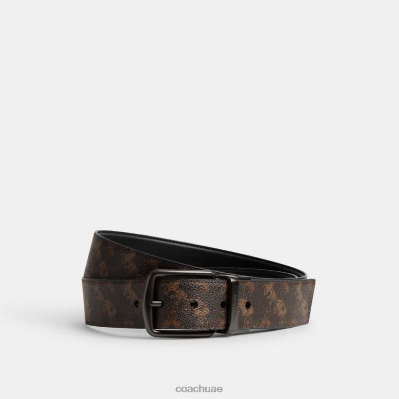 Coach رجال حزام ذو وجهين بإبزيم قابل للقص مع طباعة حصان وعربة، 38 مم الكمأة / أسود 46266795