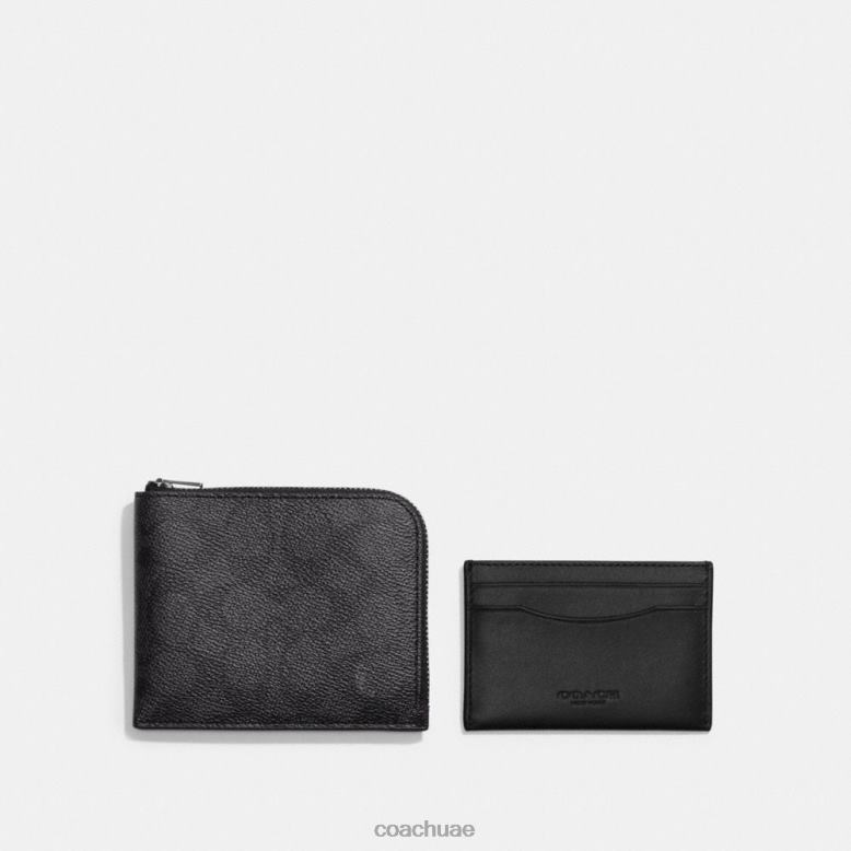 Coach رجال محفظة 3 في 1 بسحاب على شكل حرف L مصنوعة من القماش المميز الفحم الأسود 46266710