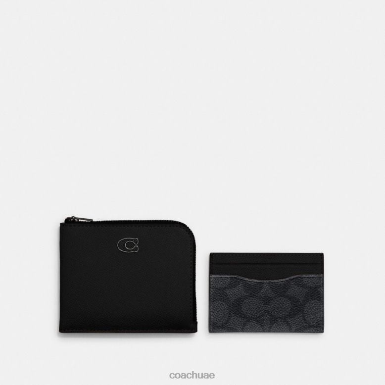 Coach رجال محفظة 3 في 1 بسحاب على شكل حرف L مع قماش مميز أسود/فحمي 46266711