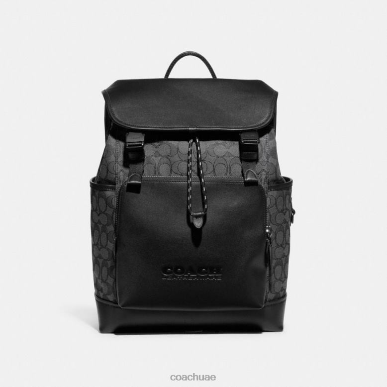 Coach رجال حقيبة ظهر بغطاء قلاب من قماش الجاكار المميز الفحم الأسود 46266684