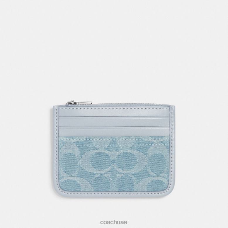 Coach نحيف حافظة بطاقات بسحاب من قماش الدنيم المميز Lh / أزرق شاحب 46266385